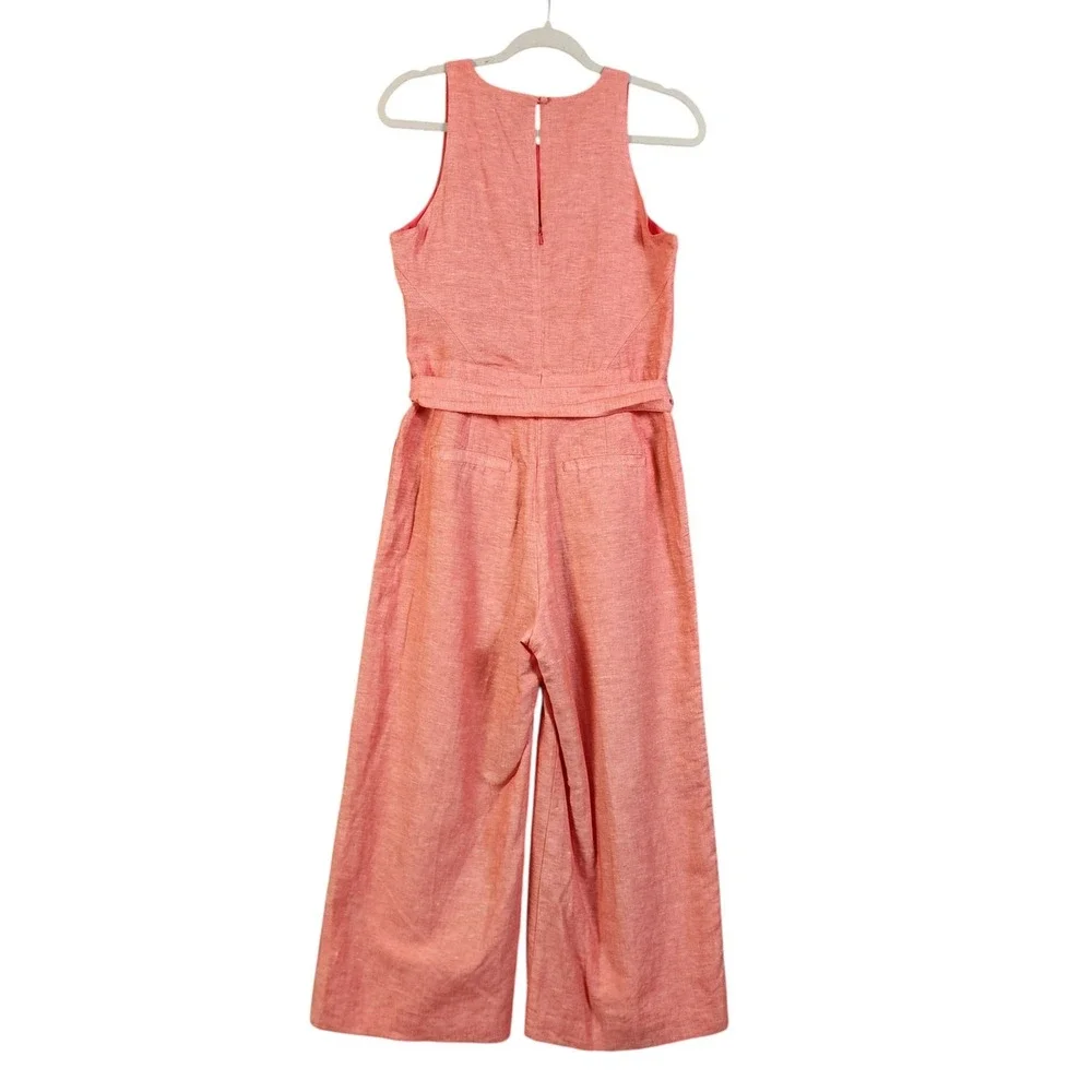 Banana Republic Womens Linen Cotton Cropped Jumpsuit Size 4 Coral‎ Orange Belted